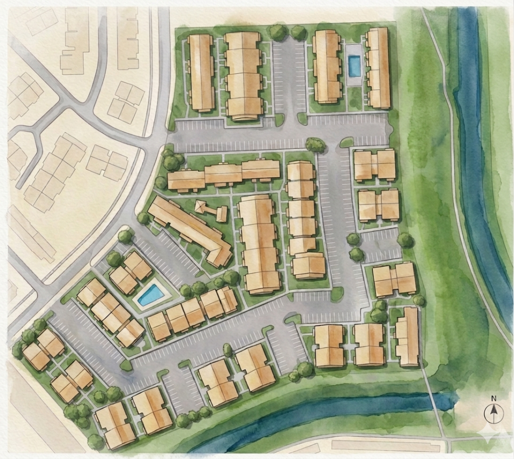 Falls of Braeburn apartment community site map showing buildings parking and amenities in Southwest Houston TX