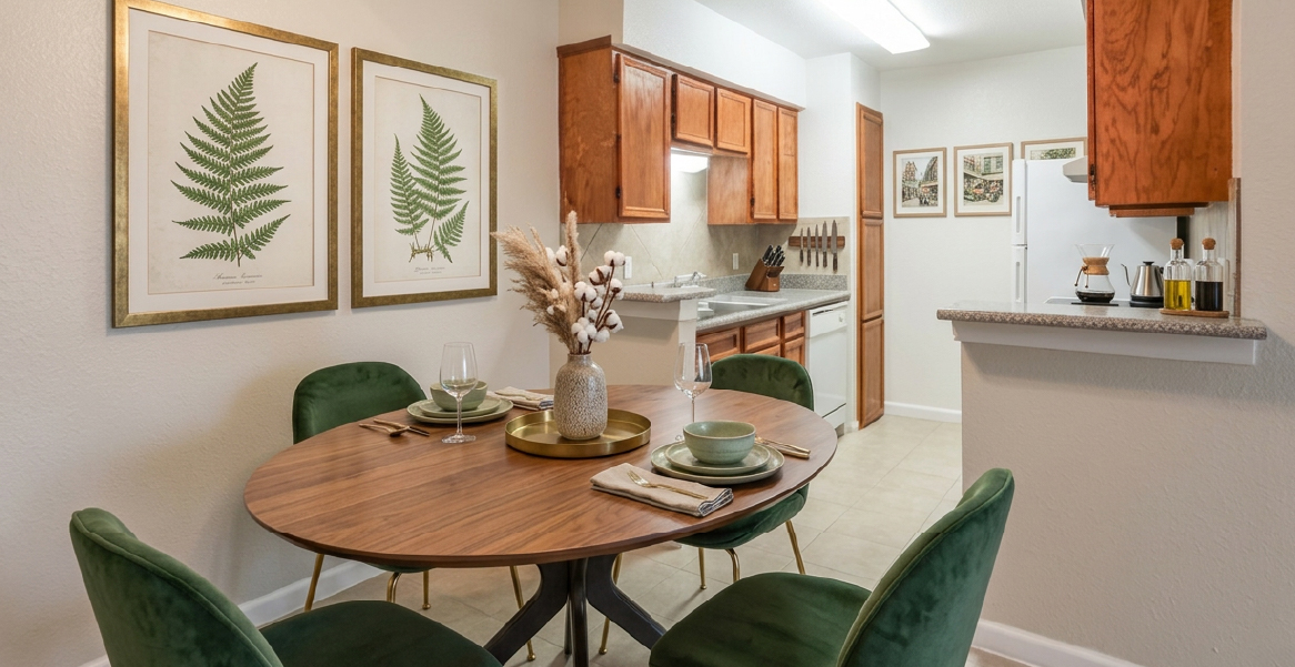Dining area with kitchen view and green chairs at Falls of Braeburn apartments Houston TX