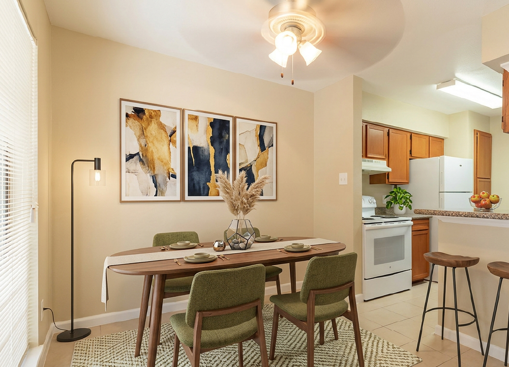 Dining area and kitchen view inside Falls of Braeburn apartment home in Southwest Houston