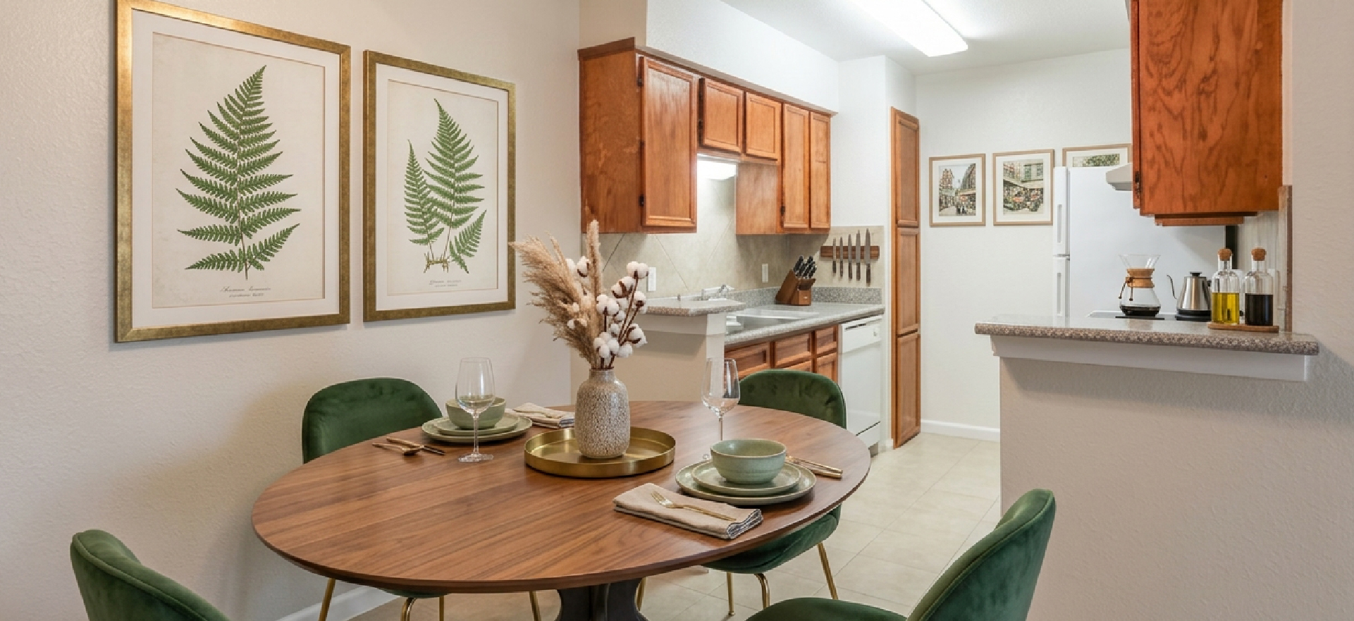 Dining area with kitchen view in flexible layout apartment at Falls of Braeburn Houston