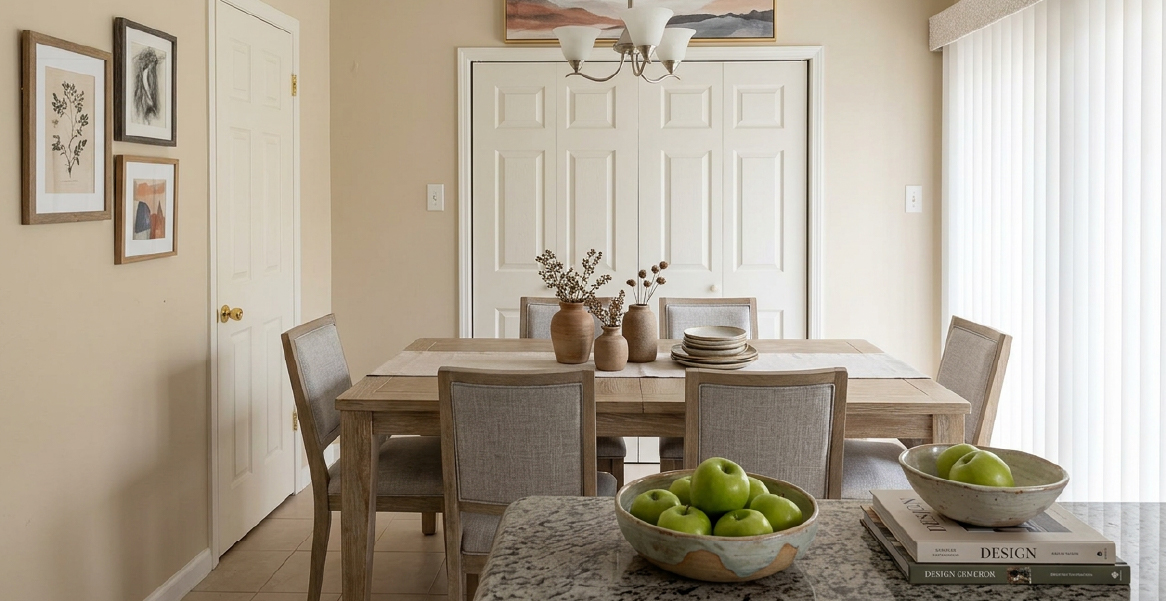 Dining room with granite countertops in Falls of Braeburn apartment home Houston TX