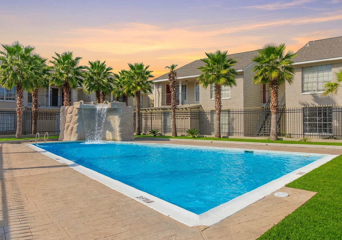 Falls of Braeburn apartment community pool with waterfall feature and palm trees at sunset